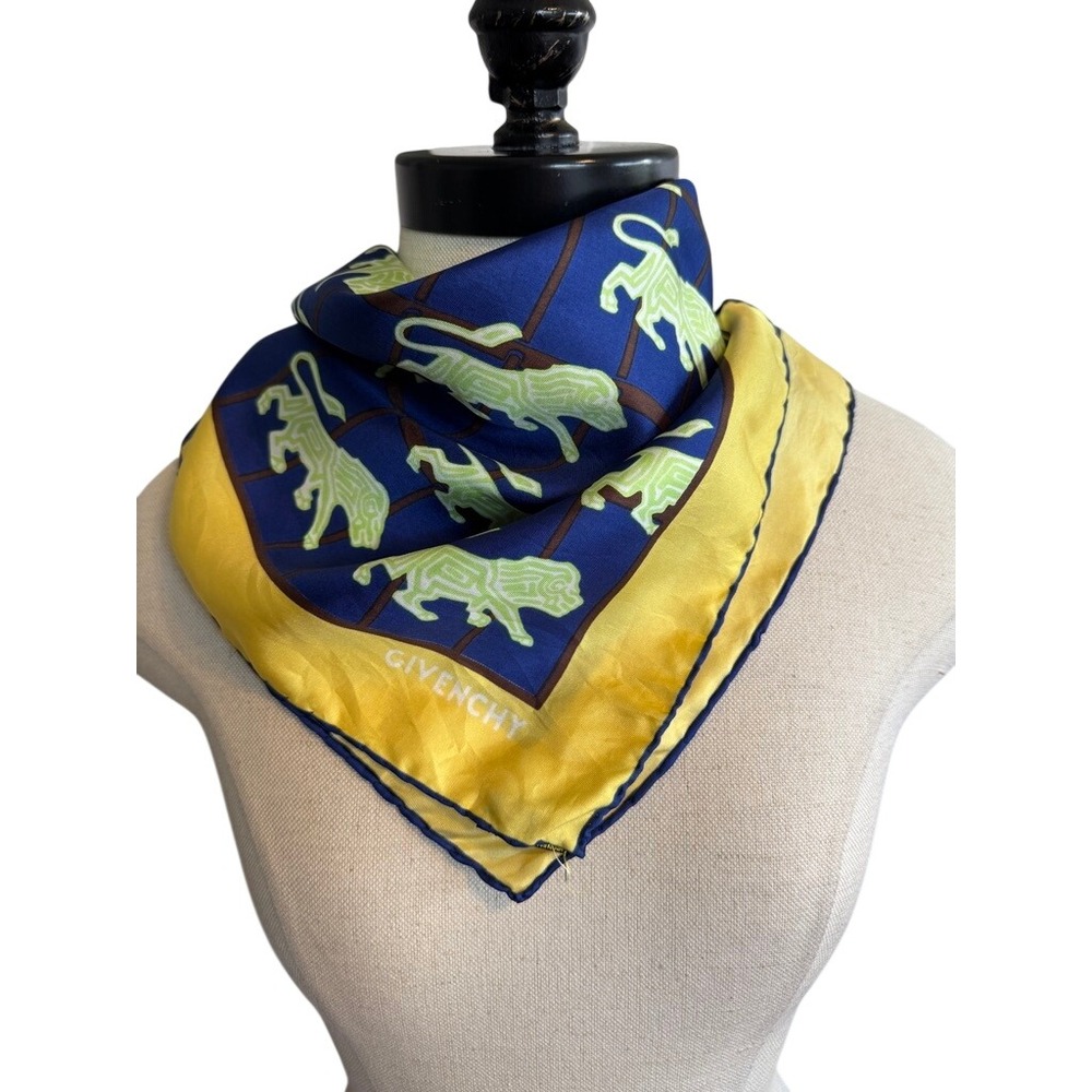 Givenchy Bloch Freres Silk Scarf Lion Geometric Print Yellow Blue Made in Italy